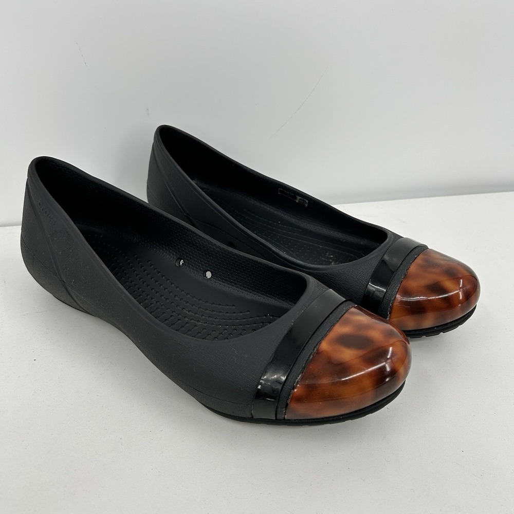Crocs Womens Cap Toe Tortoise Ballet Flats Size 10 Black Casual Slip On Classic